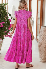 Rose Red Leopard Print Ruffle Sleeveless Maxi Dress - Femstylo