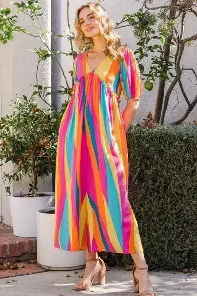 ODDI Striped Puff Sleeve Jumpsuit - Full Size Wide Leg Design - Femstylo