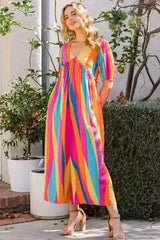 ODDI Striped Puff Sleeve Jumpsuit - Full Size Wide Leg Design - Femstylo