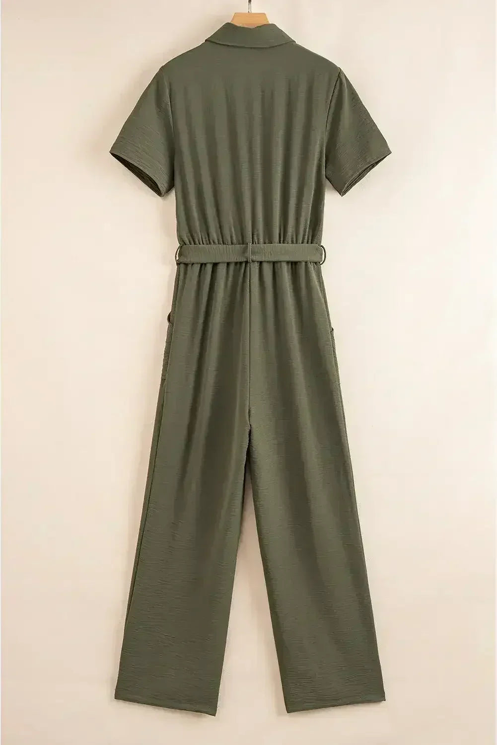 Moss Green Half Button Belted Utility Short Sleeve Jumpsuit - Femstylo