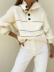 Waffle-Knit Half Button Long Sleeve Sweater - Femstylo