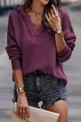 Purple Split V Neck Pullover Hooded Sweater