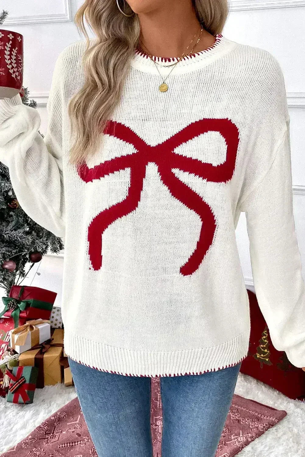 Pink Sweet Bow Drop Sleeve Round Neck Sweater - Femstylo