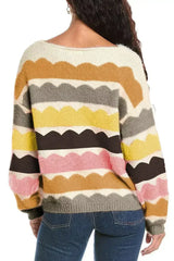 Yellow Wave Striped Balloon Sleeve Drop Shoulder Sweater - Femstylo