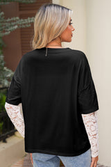 Black Fake Two-Piece Lace Long Sleeve Drop Shoulder Tee