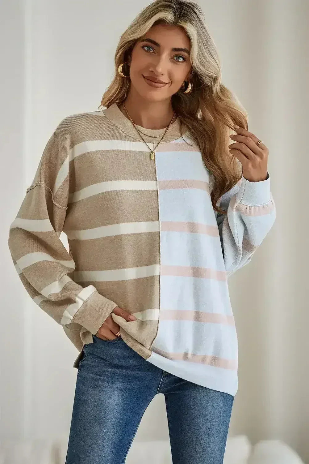 Pink Striped Patchwork Drop Shoulder Sweater - Femstylo