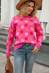 Rose Cute Flower Allover Ribbed Trimmed Drop Shoulder Pullover Sweater