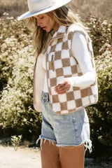 Khaki Checkered Sherpa Collared Jacket Vest - Femstylo