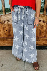 Light Blue Star Print Light Wash Drawstring High Waist Wide Leg Jeans - Femstylo