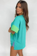 Aruba Blue Frayed Star Patched 4th of July Oversize T Shirt - Femstylo