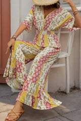 Yellow Boho V Neck Half Sleeve Patchwork Maxi Dress - Femstylo