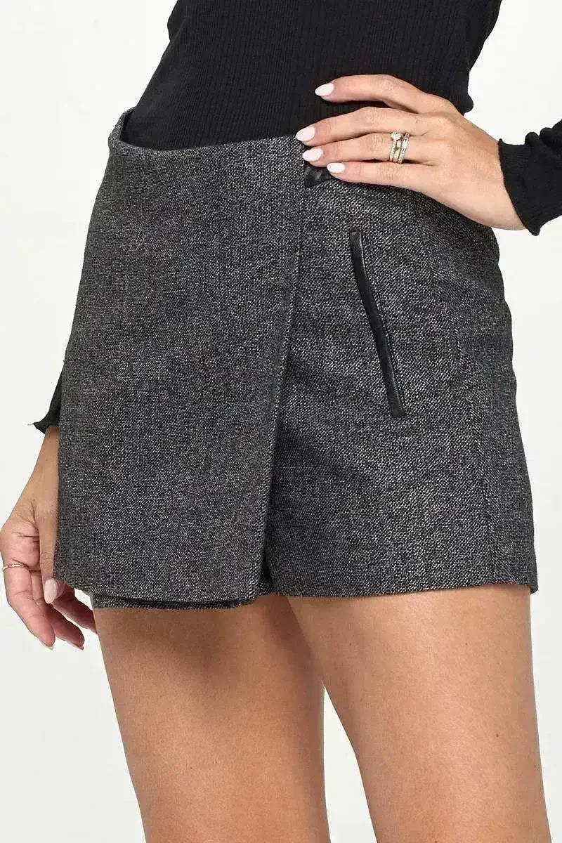 Asymmetrical Wrap Mini Skort with Faux Leather Trim - Femstylo