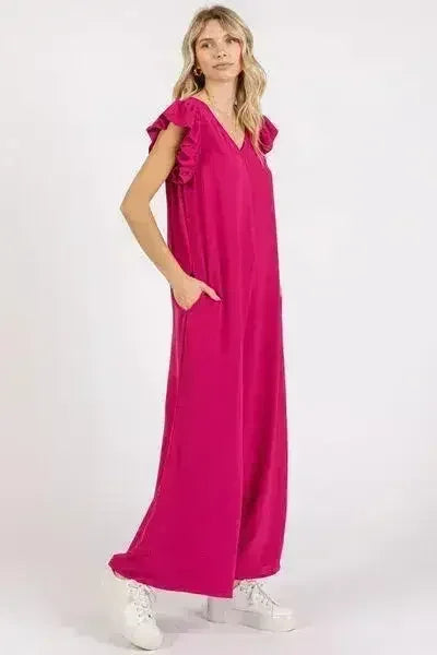 Mittoshop V-Neck Ruffled Cap Sleeve Jumpsuit - Wide Leg Design - Femstylo