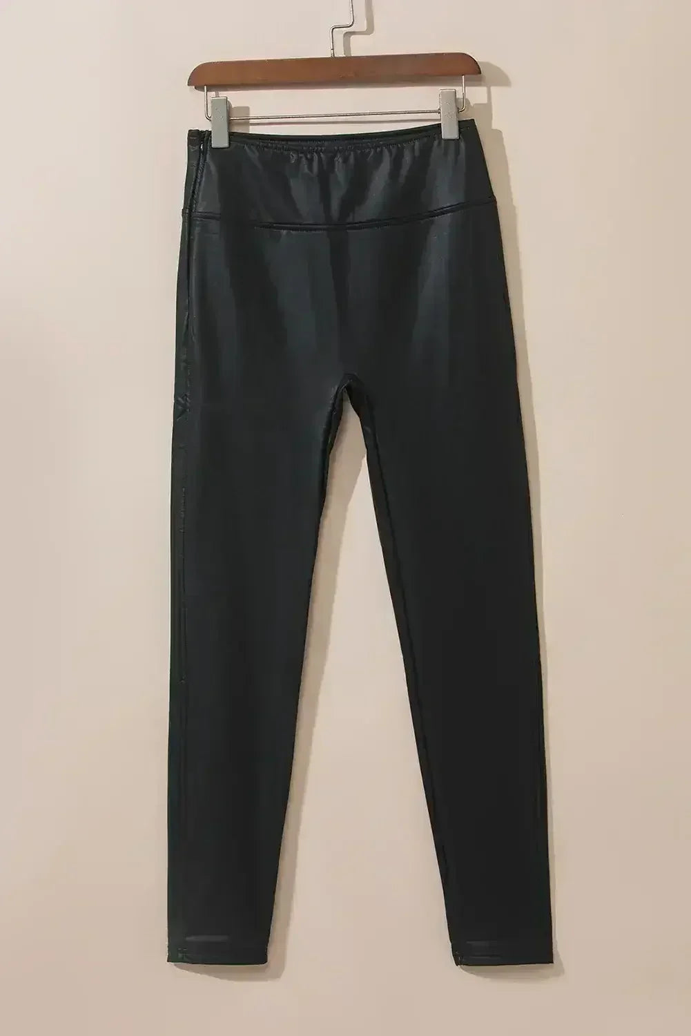 Black Piping Trim Sleek Leather High Waist Leggings - Femstylo
