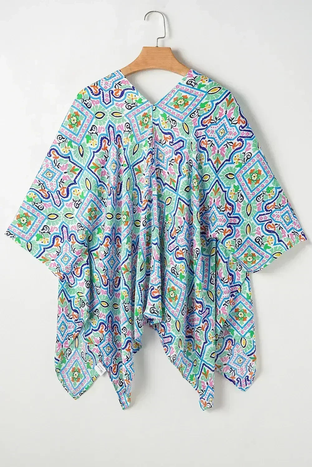 White Boho Floral Printed Rhinestone 3/4 Sleeve Open Front Kimono - Femstylo