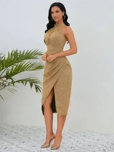 Slit Ruched Mock Neck Sleeveless Dress - Femstylo