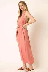 Mittoshop Cross Back Belted V Neck Tank Maxi Dress