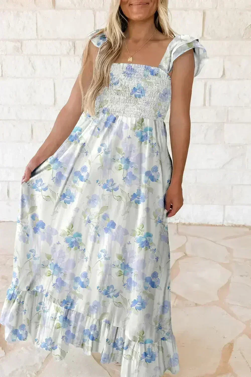 Sky Blue Floral Smocked High Waist Ruffle Sleeveless Long Dress - Femstylo