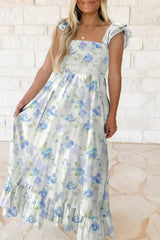 Sky Blue Floral Smocked High Waist Ruffle Sleeveless Long Dress - Femstylo