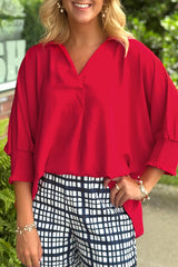Fiery Red Solid Color Collared Loose Tunic Top
