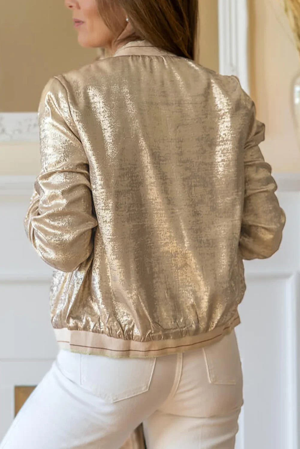 Pale Khaki Metallic Zip-Up Baseball Jacket – Femstylo