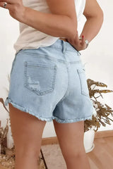 Beau Blue High Rise Distressed Raw Hem Denim Shorts - Femstylo