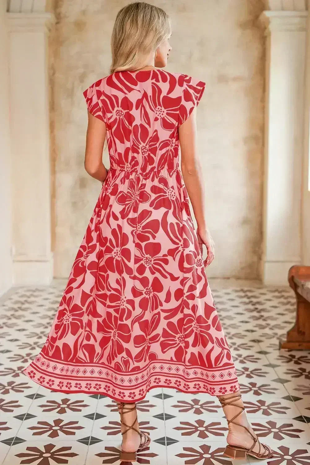 Red Boho Floral V-Neck Ruffle Shoulder Maxi Dress - Femstylo