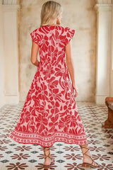 Red Boho Floral V-Neck Ruffle Shoulder Maxi Dress - Femstylo