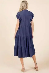 Mittoshop Ruffle Sleeve Collared V Neck Tiered Midi Dress - Femstylo