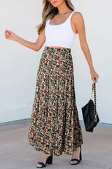 Brown Leopard Floral Reversible Ruffle Hem Maxi Skirt - Femstylo