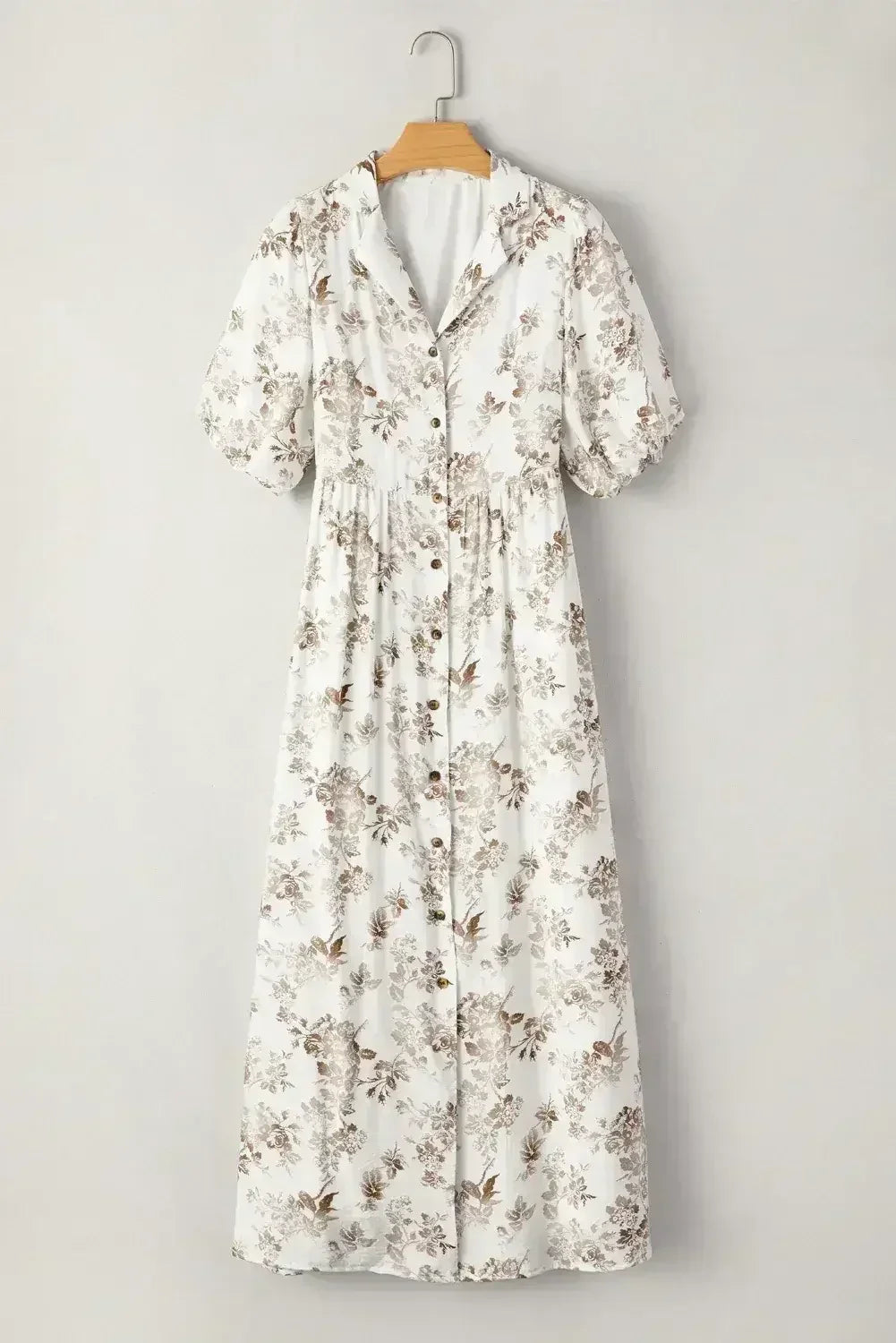 Khaki Floral Puff Sleeve V Neck Buttoned Front Maxi Dress - Femstylo