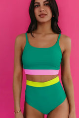 Sea Green Contrast Trim Colorblock High-Waisted Bikini Swimwear - Femstylo