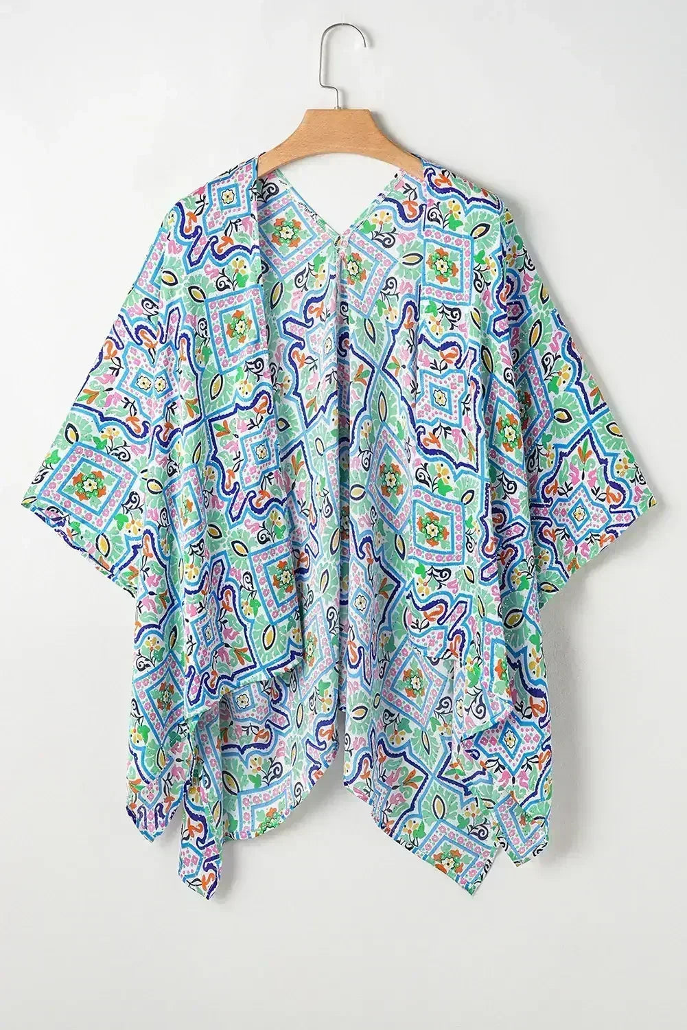 White Boho Floral Printed Rhinestone 3/4 Sleeve Open Front Kimono - Femstylo