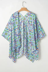 White Boho Floral Printed Rhinestone 3/4 Sleeve Open Front Kimono - Femstylo