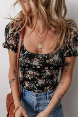 Black Floral Print U Neck Short Puff Sleeve Bodysuit - Femstylo