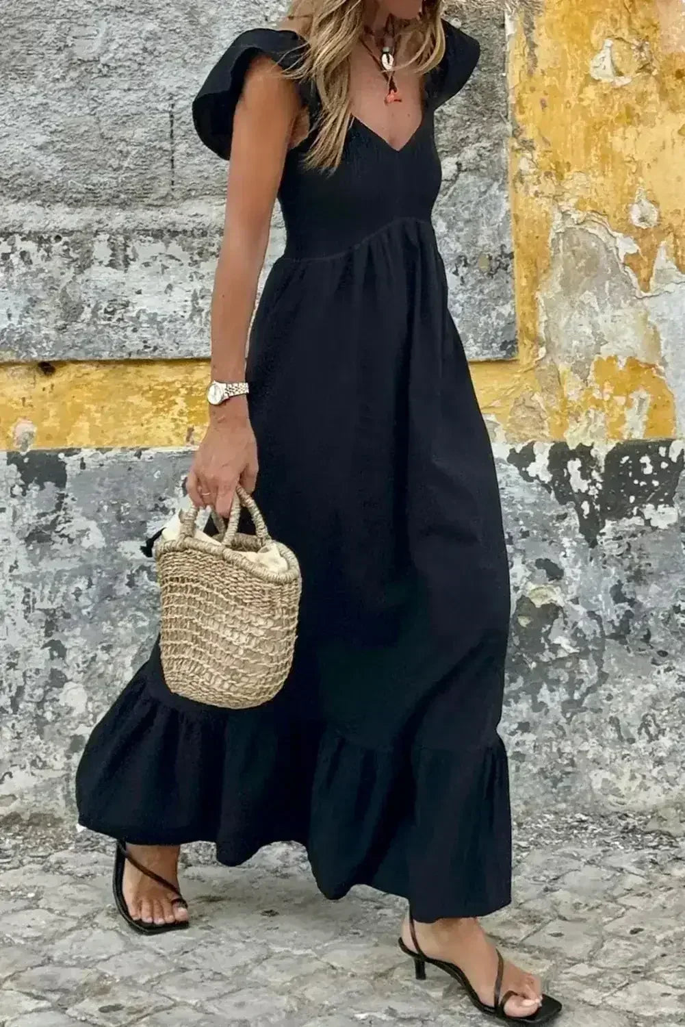 Black V Neck Flutter Sleeve Smocked Bodice High Waist Ruffle Maxi Dress - Femstylo