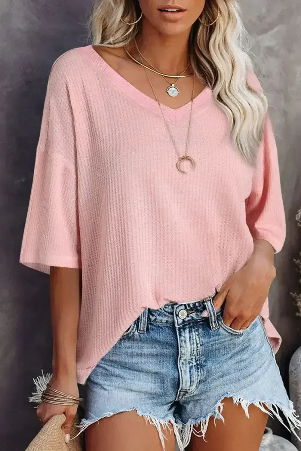 White Waffle Texture V Neck Drop Shoulder Loose Tee - Femstylo