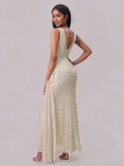 Slit Sequin Surplice Sleeveless Maxi Dress - Femstylo