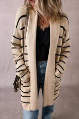 Black Stripe Shawl Neckline Open Cardigan with Pockets - Femstylo
