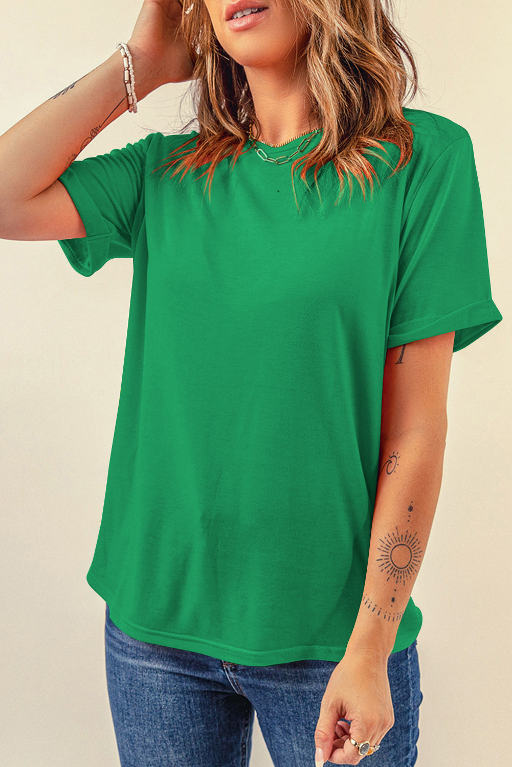 Bright Green Solid Color Basic Crew Neck Tee