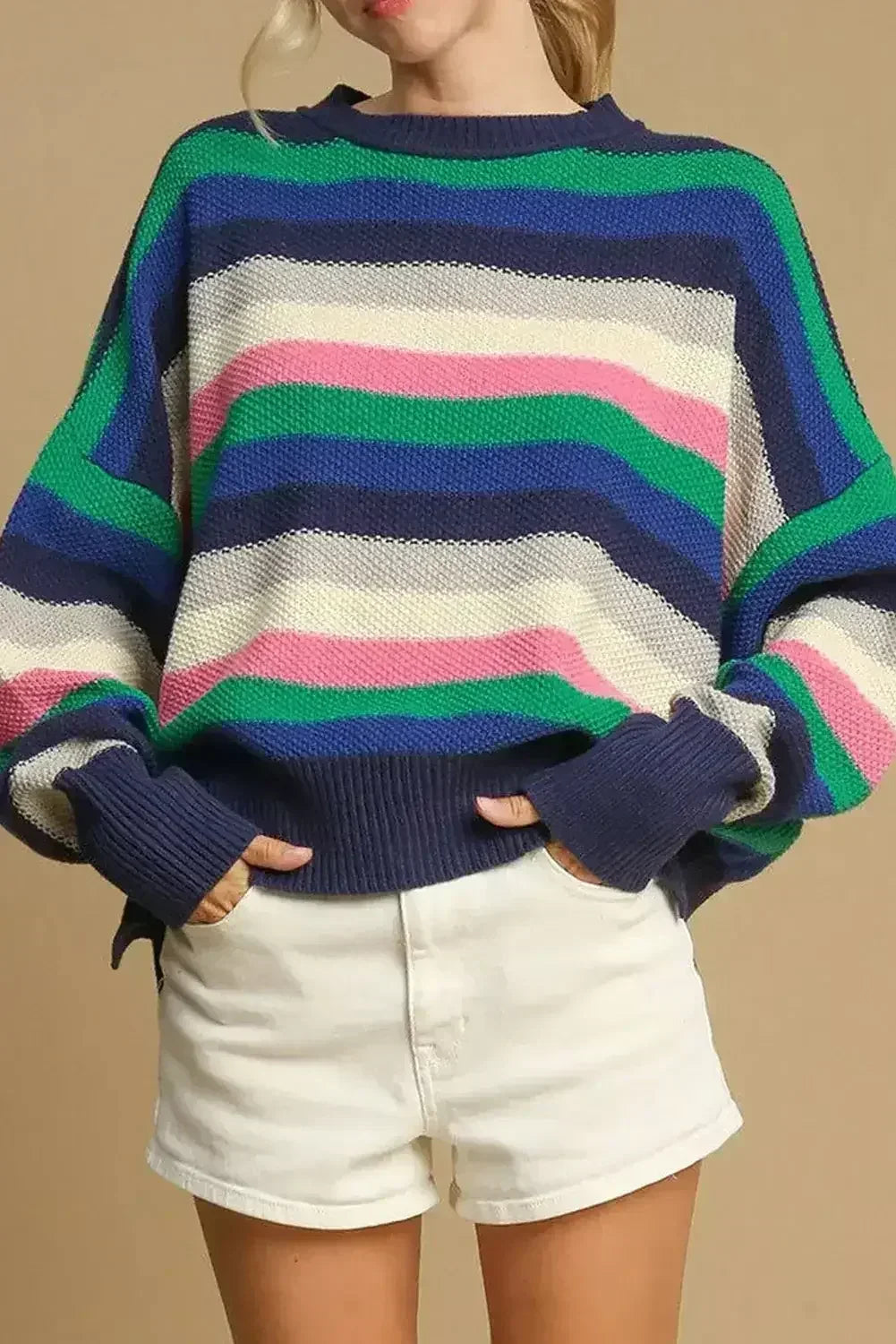 Bright Green Rainbow Striped Round Neck Drop Sleeve Sweater - Femstylo
