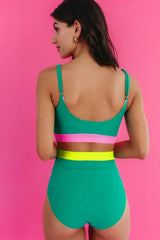 Sea Green Contrast Trim Colorblock High-Waisted Bikini Swimwear - Femstylo