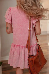 Sachet Pink Mineral Wash Raw Edge Ruffle Mini Dress - Femstylo
