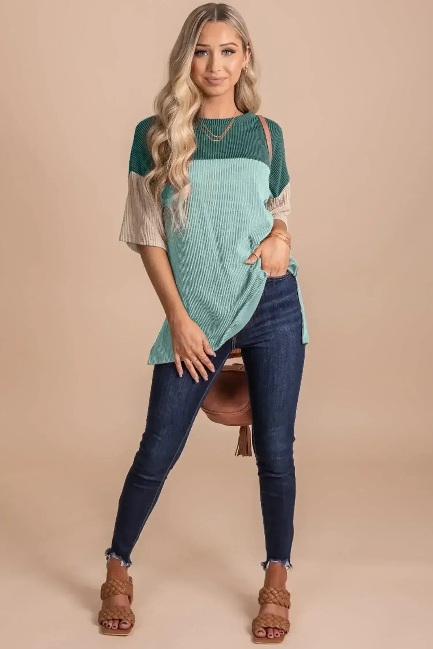 Black Color Block Ribbed Side Slits Half Sleeve Top - Femstylo