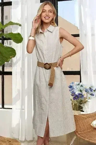 ADORA Striped Button Down Sleeveless Midi Dress - Femstylo