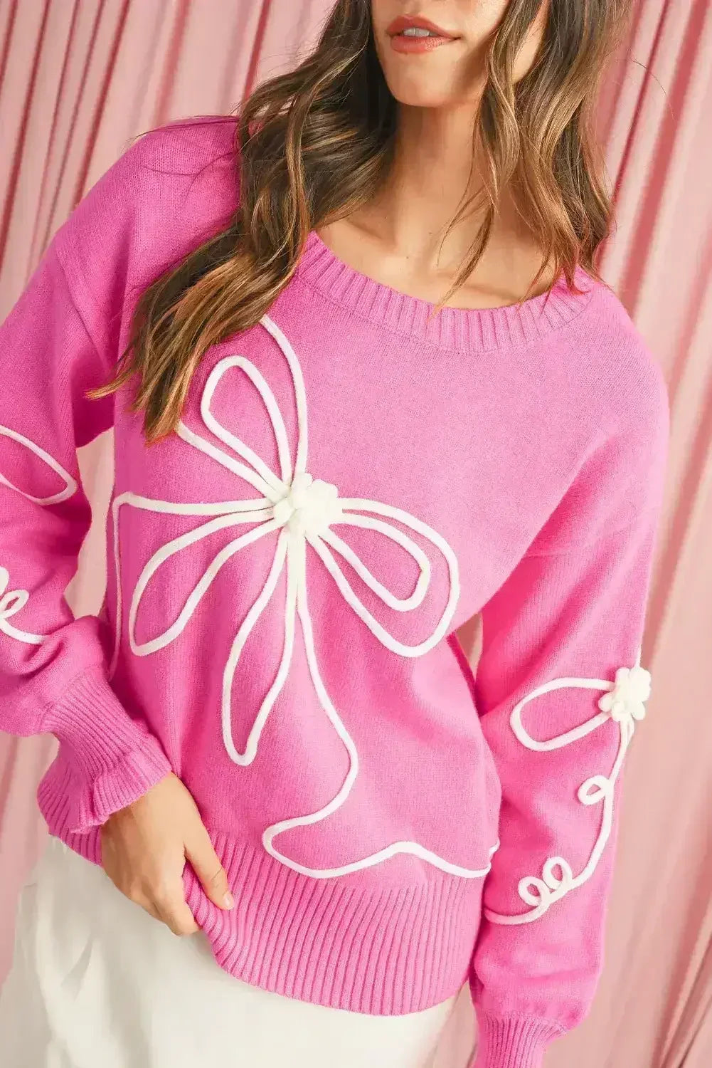 Bright Pink Sweet Bow Pattern Drop Sleeve Knit Sweater - Femstylo