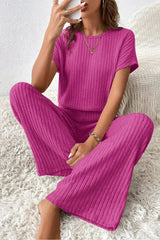 Rose Red Solid Color Ribbed Short Sleeve Wide Leg Jumpsuit - Femstylo