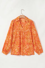 Orange Abstract Print Loose Fit Collared V Neck Babydoll Blouse