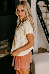 Beige Notched V Neck Short Sleeve Knit Top