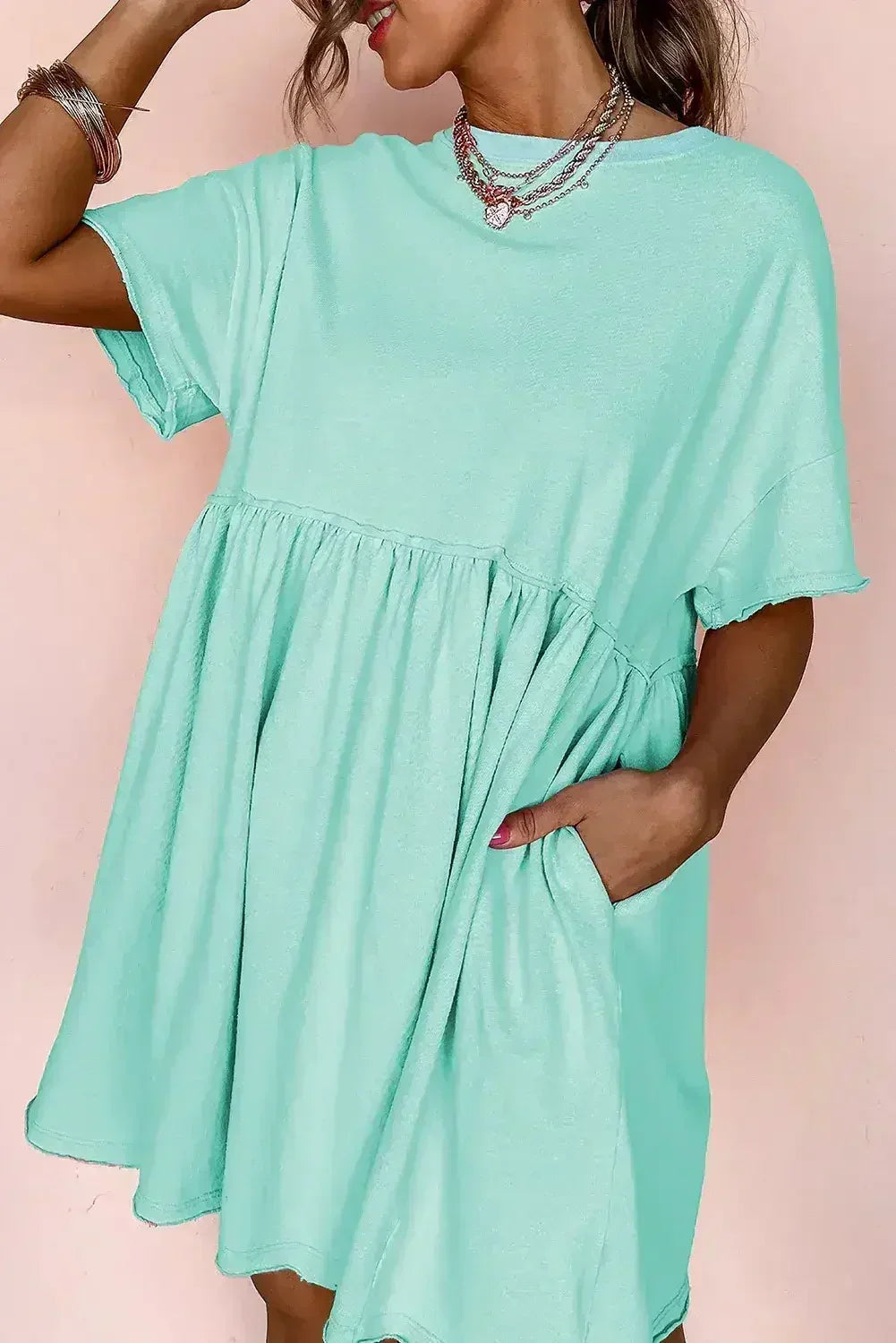 Sky Blue Solid Color Pocket Raw Edge Babydoll Dress - Femstylo